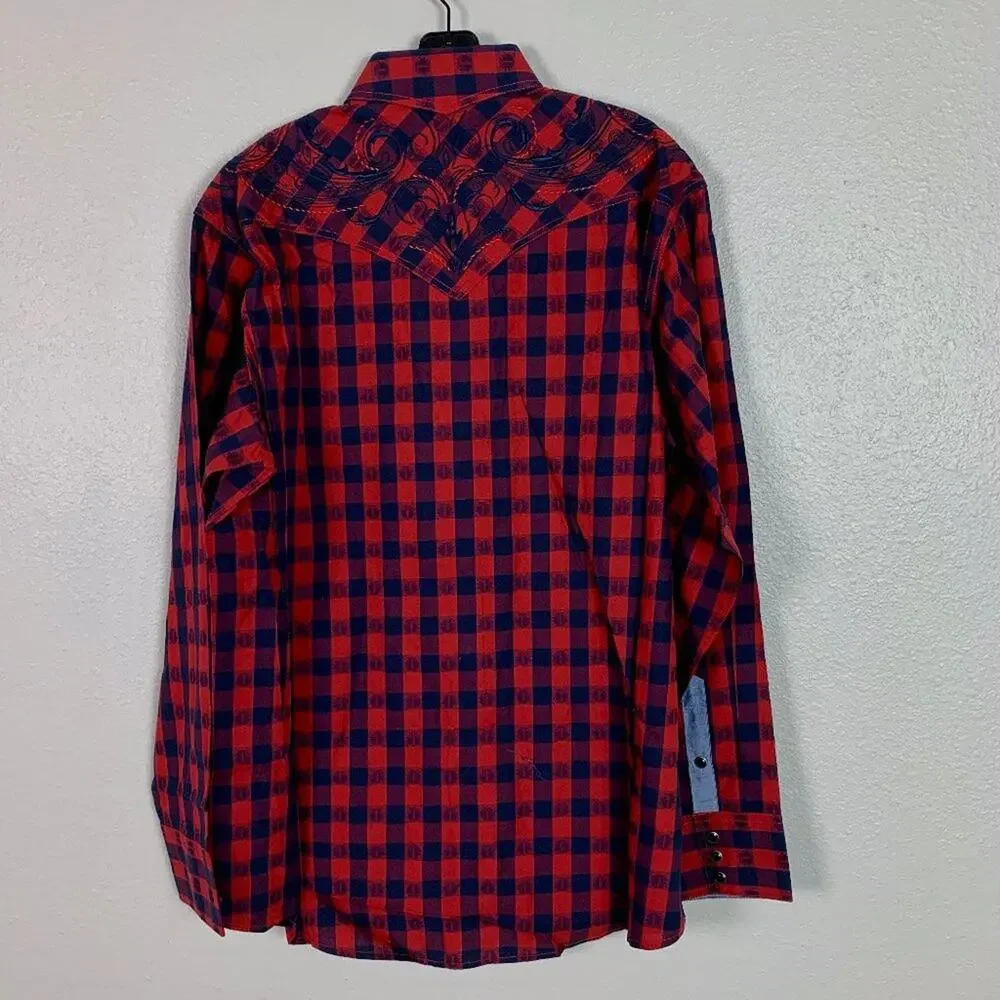 Panhandle Slim Men's Red/Blue Plaid Pearl‎ Snap Western Shirt Size Large